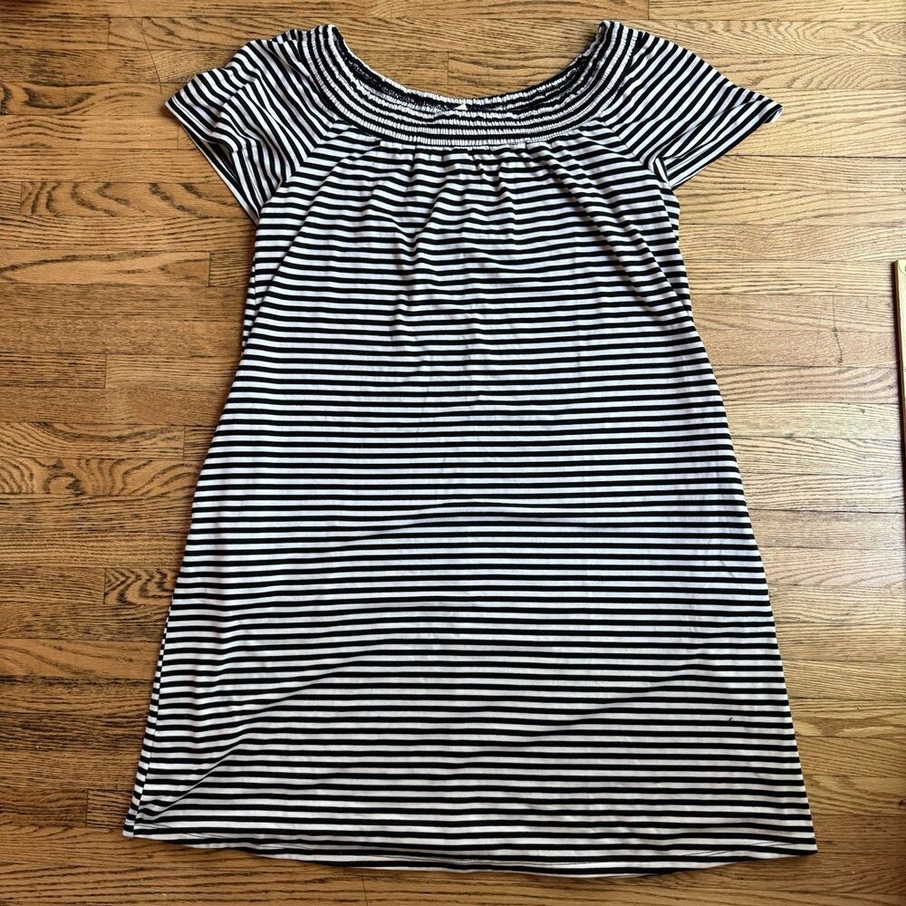 Faded Glory Shirt Dress Women’s M Black White Stripe Off Shoulder Beach Cover Up